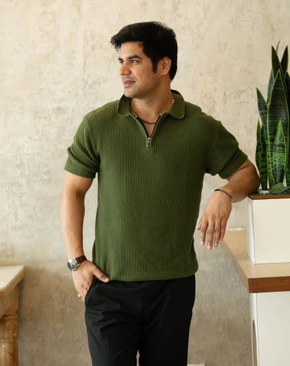 Waffle Polo T Shirt | Green | Regular | Kaam Bhari